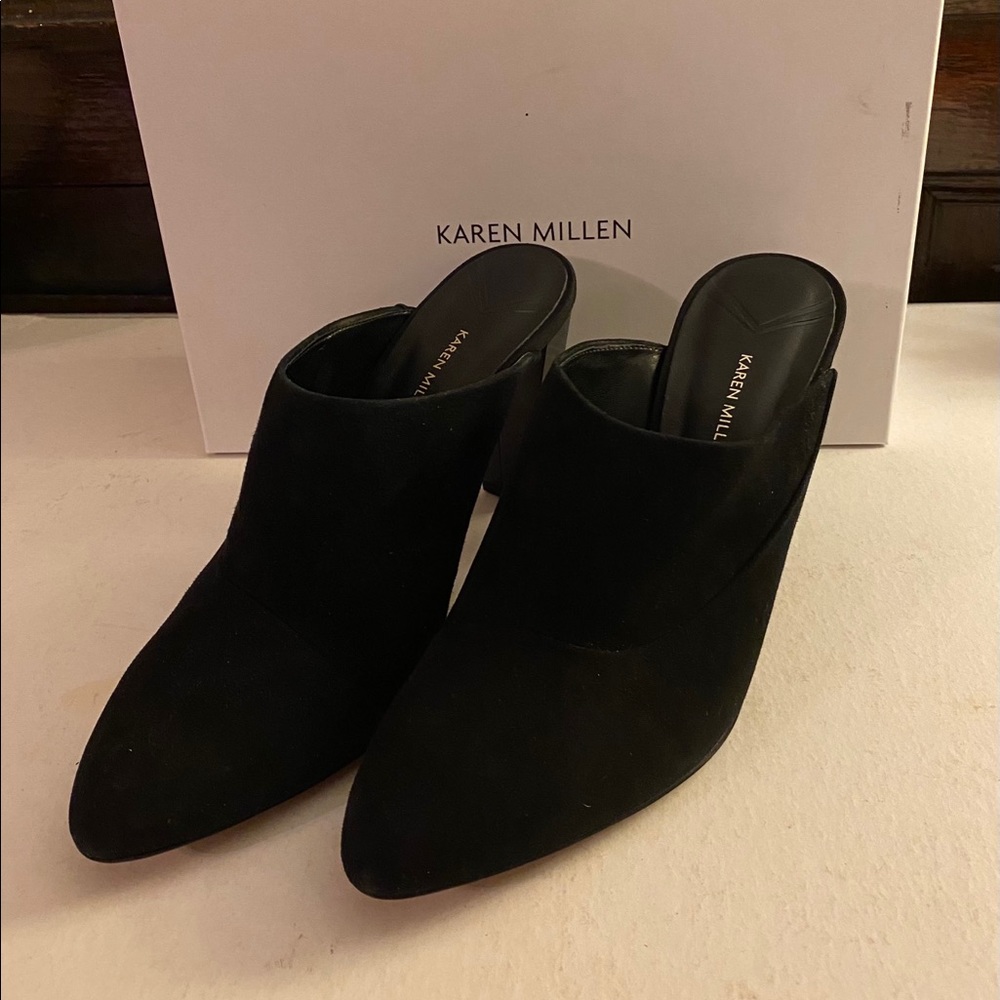 Karen Millen Black Suede Heeled Mules